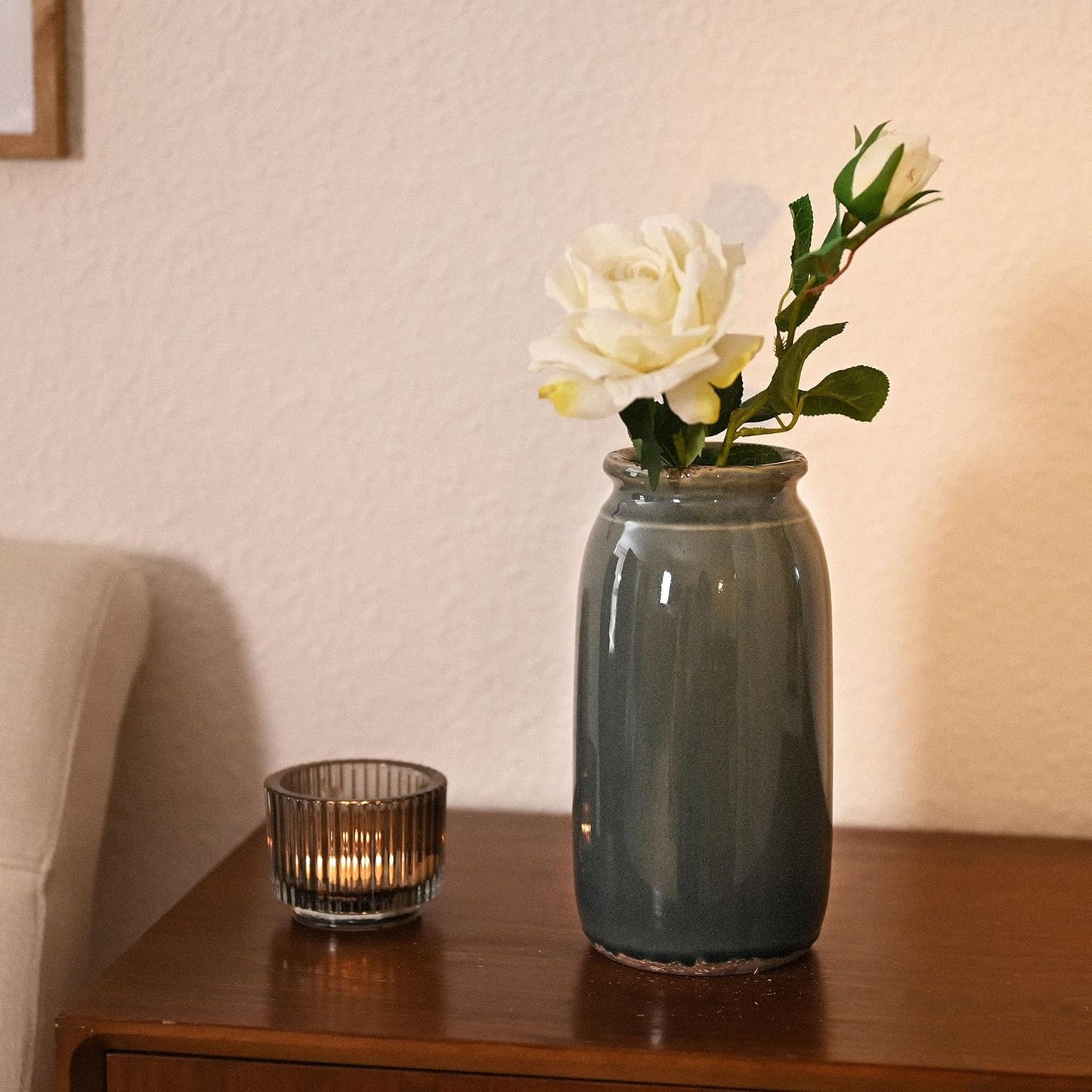 VICTOR & TERESA Rustic Large Blue and Grey Vase for Home Decor, 10'' Tall Ceramic Vases for Flowers, Farmhouse Decorative Vases for Pampas Grass, Table, Mantel, Living Room, Centerpieces