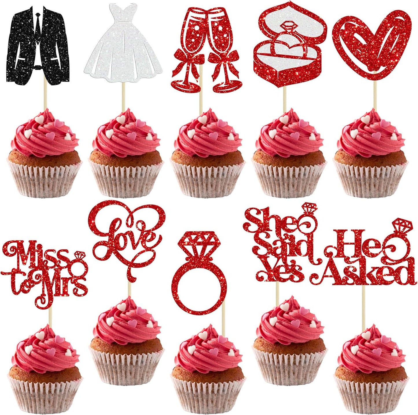 Gyufise 30Pcs She Said Yes Cupcake Toppers Glitter Diamond Ring I Do Love Cupcake Picks Miss to Mrs He Asked Bridal Shower Wedding Engagement Bachelorette Cake Decoration Red