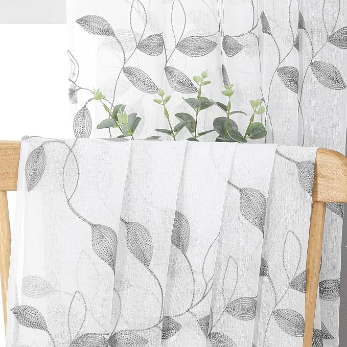 Tollpiz Grey Leaf Sheer Curtain Living Room 54 x 72 Inches | Leaves Embroidered - Image 6