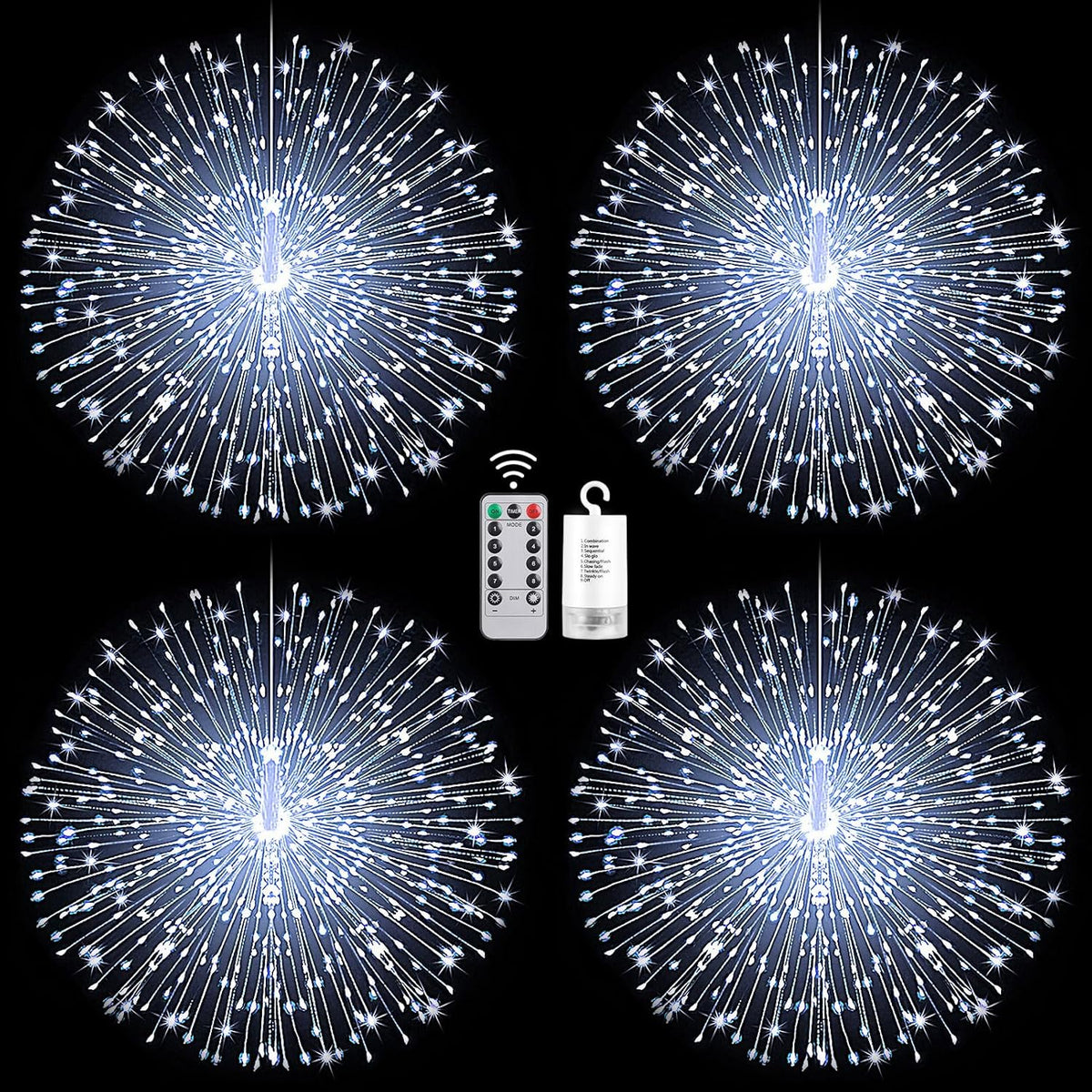 Admitrack Starburst String Lights Christmas Lights, 225 LED 8 Modes Dimmable with Remote Control, Waterproof Copper Wire Decorative Hanging for Party Patio Garden Decoration (White, 4PC)