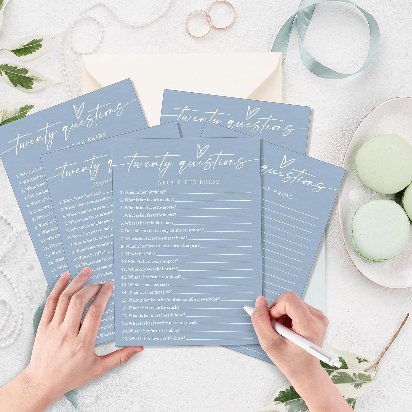 Fun Wedding Shower Games Cards, Twenty Questions About the Bride, Bridal Party Game and Favors for 25 Guests, Bridal Shower Decorations, Minimalist Blue Wedding Party Supplies - B07