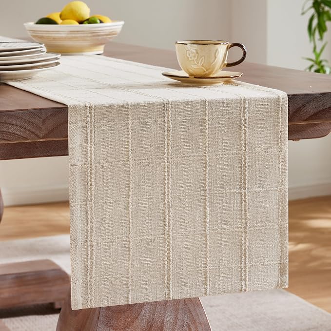 Linen Checked Farmhouse Table Runner, 13x72 Inches Neutral Beige | Raised Grid - Image 4