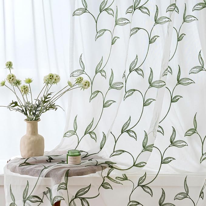 Sheer Curtains Boho Leaf Floral Embroidered Green 54Wx102L | Light Filtering by VISIONTEX