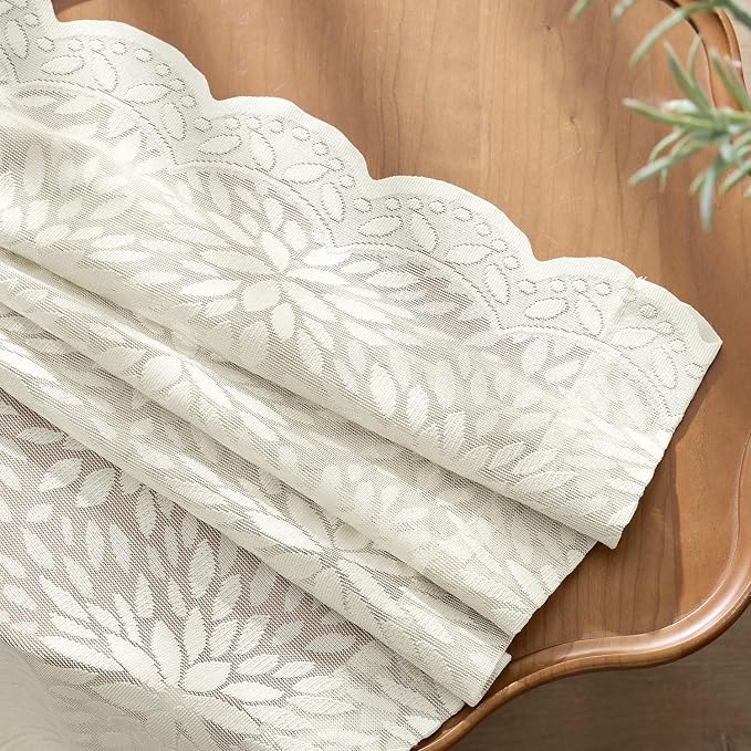 MIULEE Vintage Floral Scalloped Lace Curtains 2 Panels, Ivory 52" W x 36" L | - Image 5