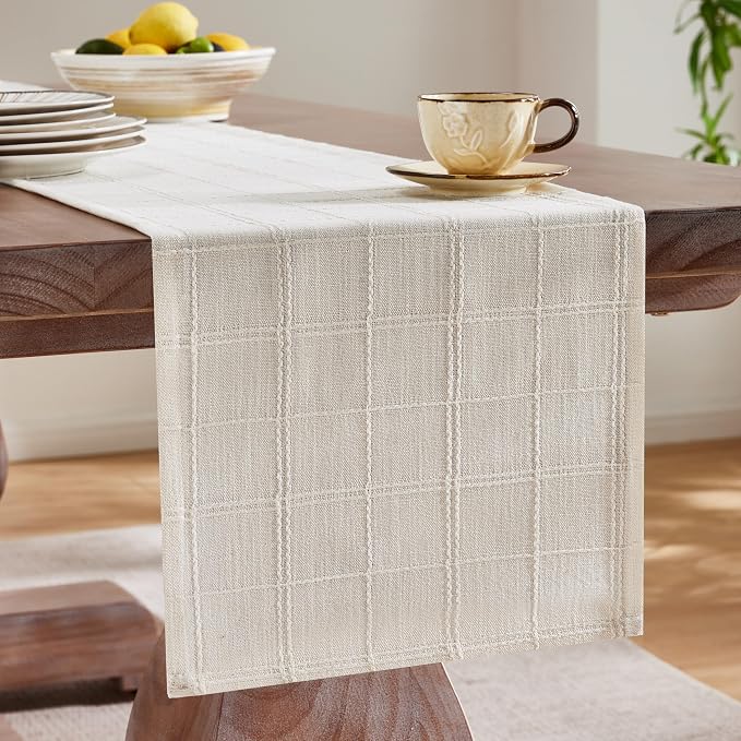 Linen Checked Farmhouse Table Runner, 13x36 Inches Ivory | Raised Grid Design - Image 4