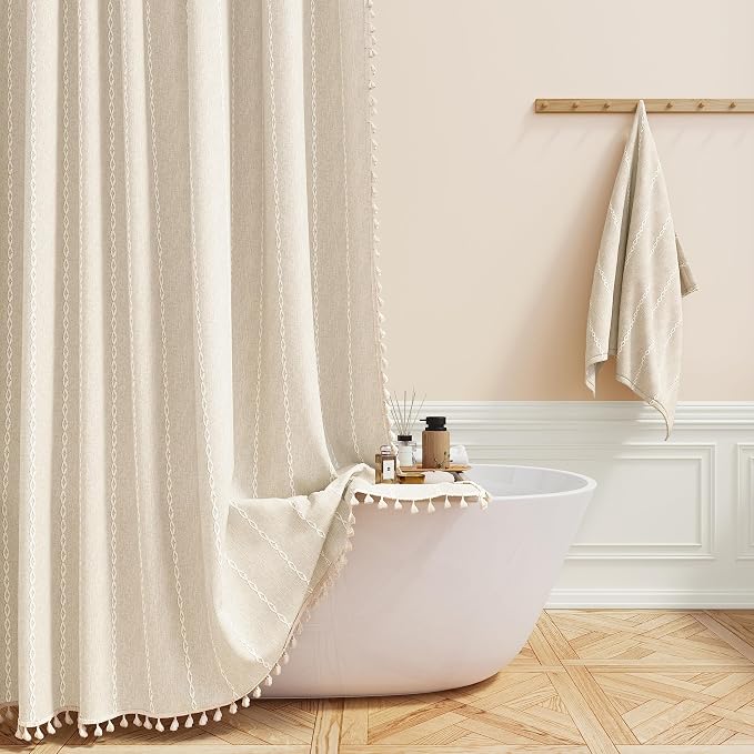 72x78 Long Boho Farmhouse Linen Heavy Duty Shower Curtain, Cream/Beige | Tall by ShowerCurtain