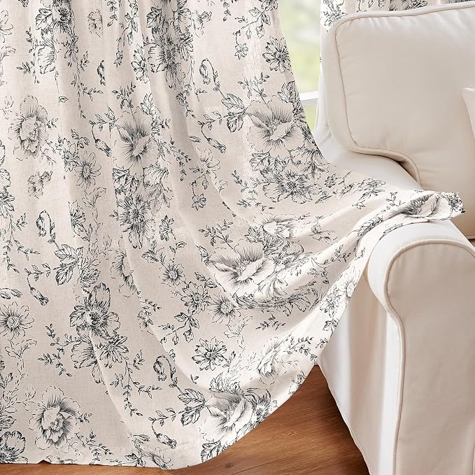 jinchan Black Floral Linen Curtains 72 Inch Farmhouse Back Tab 2 Panels | Light - Image 5