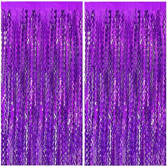 2 Pack Purple Backdrop Tinsel Foil Fringe Curtains Sparkle Metallic Wavy Foil by BOMSI