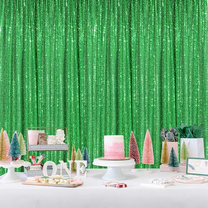 Sequin Curtains Christmas Backdrop 3 Panels Sequin Fabric 2FTx8FT Green | - Image 3