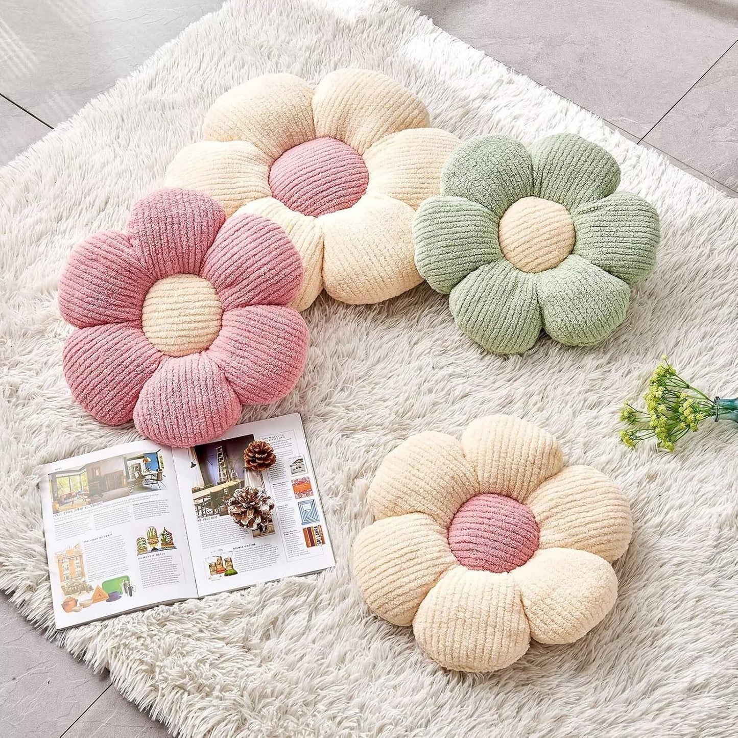 Soft White Pink 17.7" Flower Pillow for Home Decor, Cute Shaped Floor Pillow Aesthetic Plush Decorative Pillow for Bed Sofa Couch