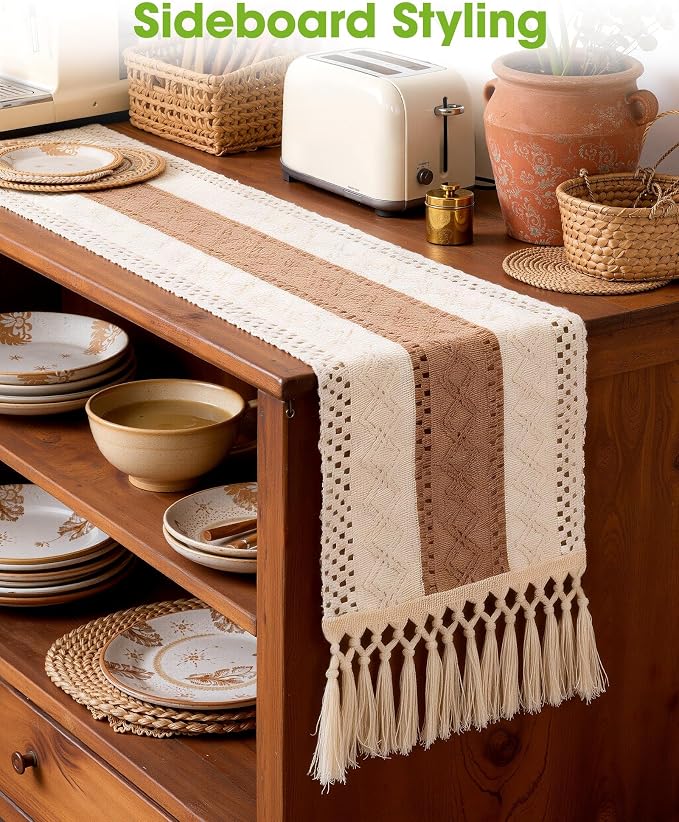 Pureegg Boho Table Runner 12 x 48 Inch, Woven Tassel Design | Dining Table - Image 6