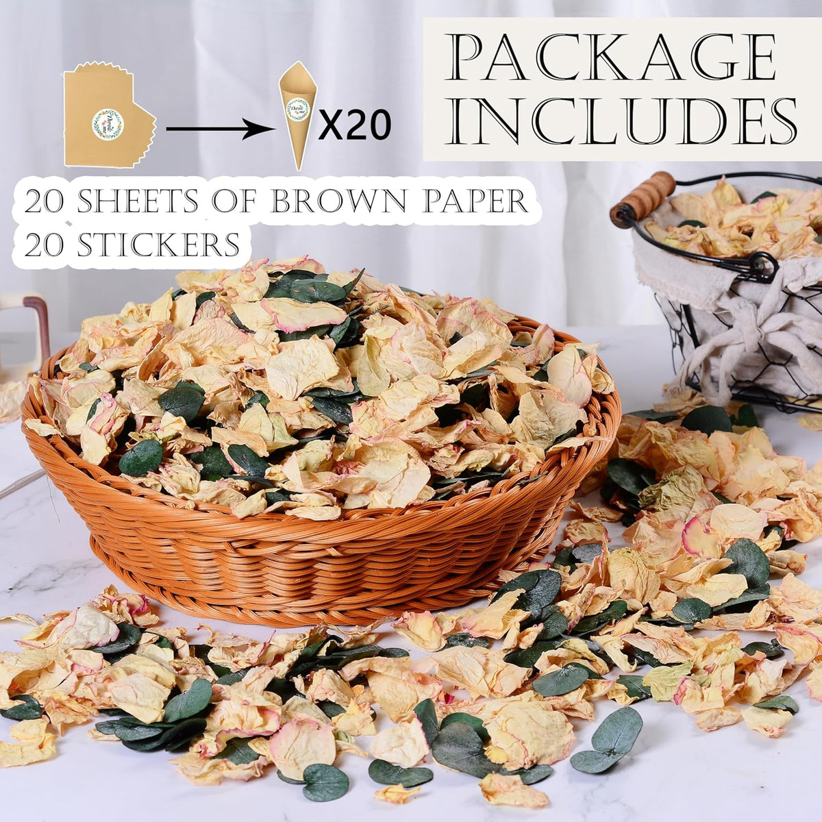 Oning 20+ Cups of Mix Dried Bio Flower Rose Petals Confetti, 2 QT Ivory White Roses & Eucalyptus Leaves, Real Petals for Wedding Parties Romantic Gifts
