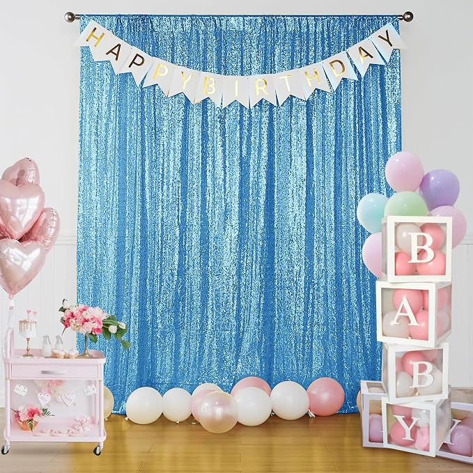 Sugargirl Blue Sequin Backdrop Curtain 4FTx8FT Glitter Blue Background Drapes - Image 2