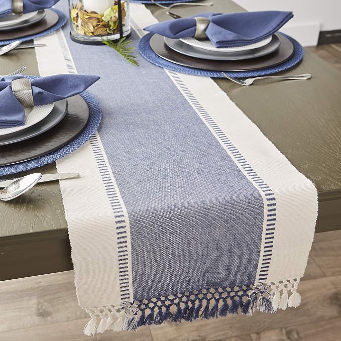 DII Dobby Stripe Table Runner, French Blue & Cream Background | Woven - Image 7