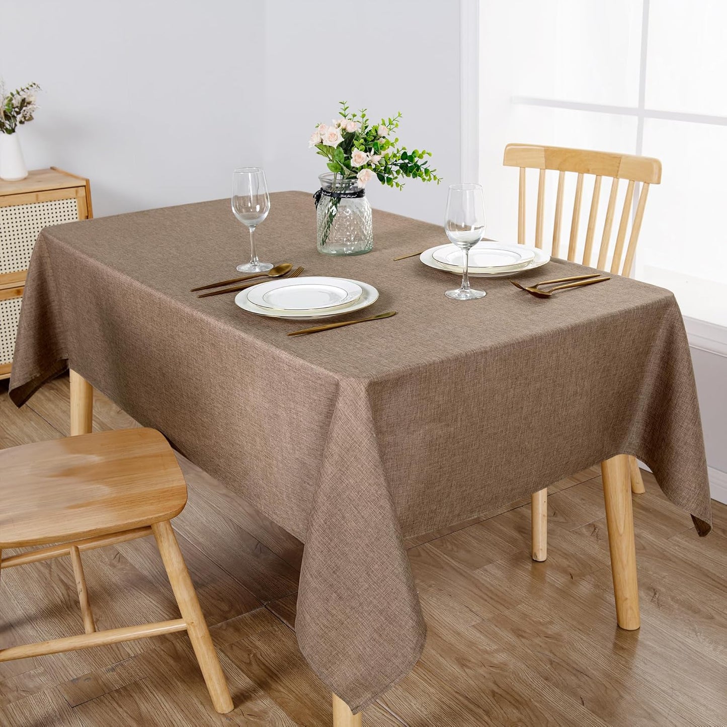 Hiasan 2 Pack Faux Linen Rectangle Tablecloth - Wrinkle and Stain Resistant Washable Table Cloth for Kitchen Dining Room Holiday Table Cover for Party Dinner, Khaki, 70 x 140 Inch