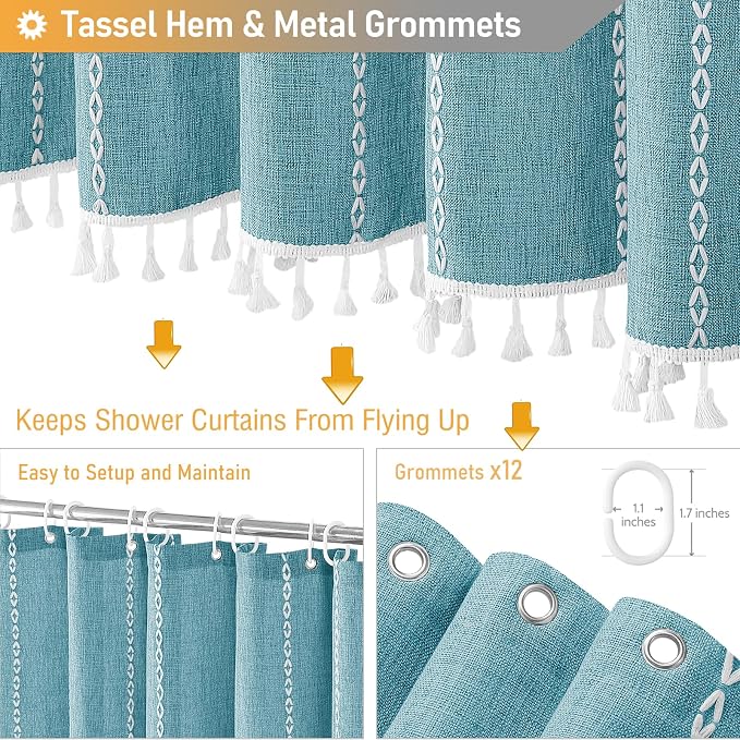 72x78 Long Boho Farmhouse Linen Heavy Duty Cloth Shower Curtain, Teal | Tall - Image 5