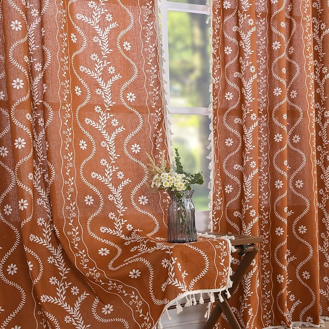 Schweek Floral Rust Orange Curtains 96 Inches Length 2 Panels by Schweek