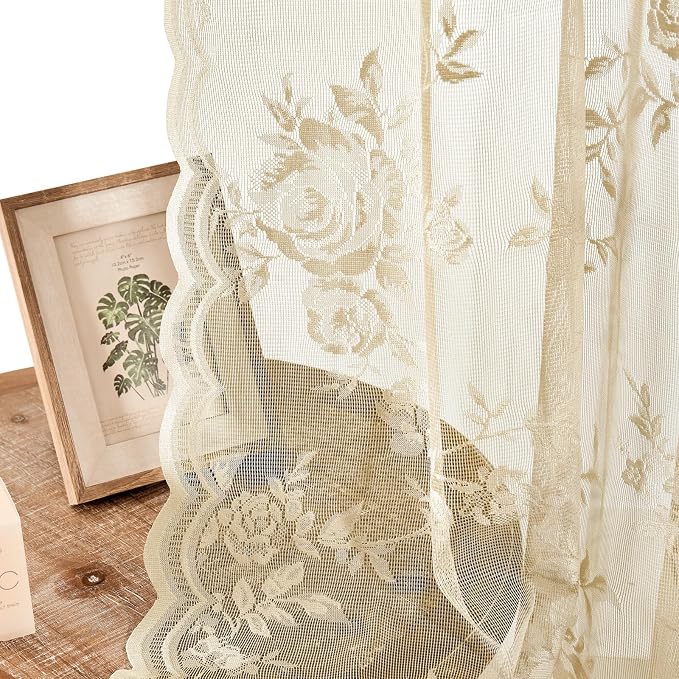 Beige Lace Curtains 72 Inch Length Victorian Floral Sheer Curtains - Image 5