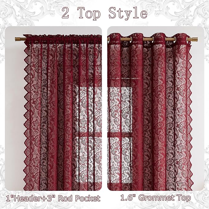 Bujasso Burgundy Red Lace Sheer Curtains - Image 6