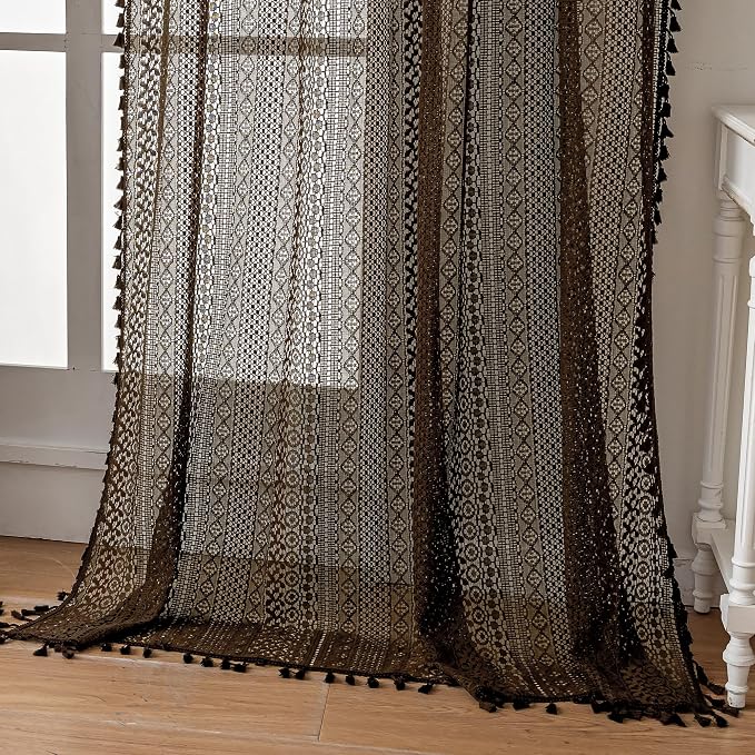 WAZZIO Boho Lace Curtains 84 Inches 2 Panel, Light Filtering Privacy Tassel & by WAZZIO