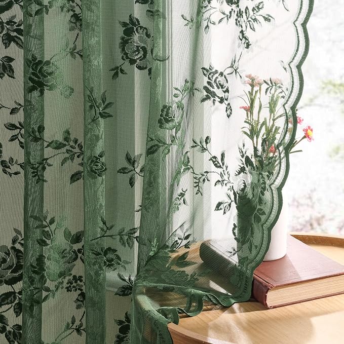 Dark Green Lace Curtains 80 Inches Long Victorian Floral Sheer Curtains by SEEKRIGHTHomeDecor