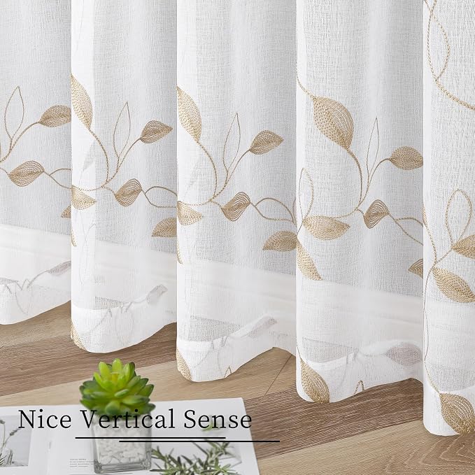 Tollpiz Taupe Leaf Sheer Curtains Bedroom 54 x 84 Inches | Leaves Embroidered - Image 4