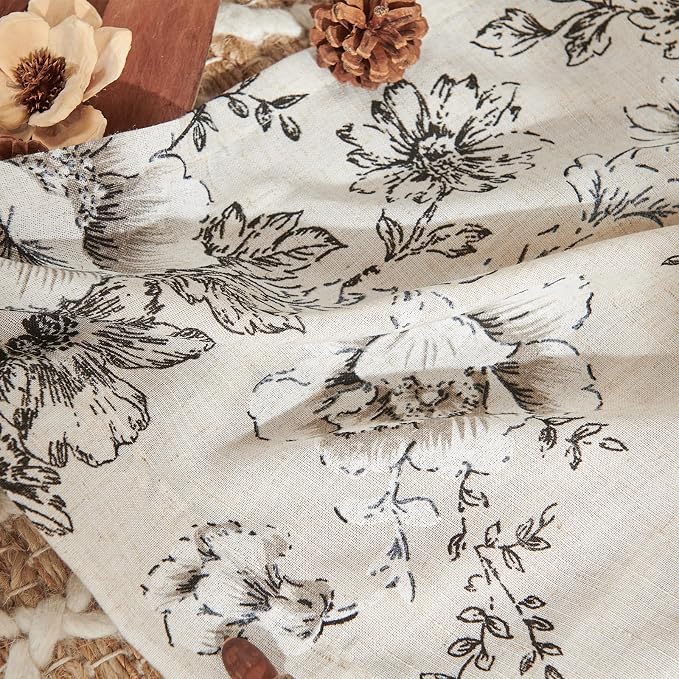 jinchan Black Floral Linen Curtains Lined 96 Inch Vintage Back Tab 2 Panels | - Image 9