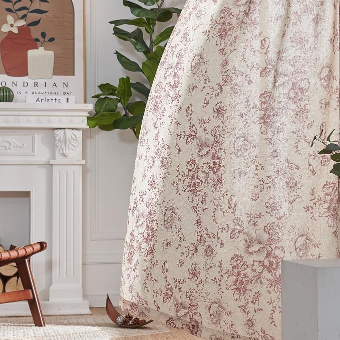 jinchan Red Floral Linen Curtains 96 Inch Farmhouse Back Tab 2 Panels | Light - Image 7