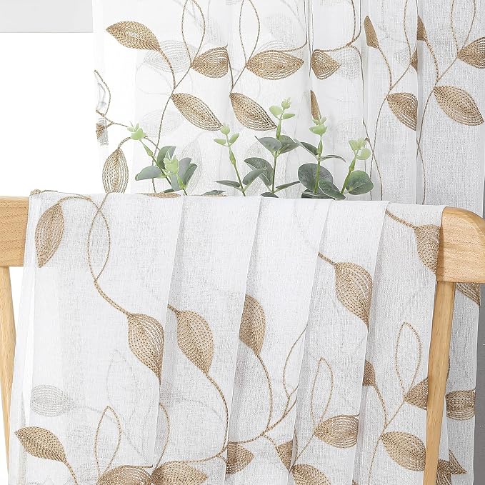 Tollpiz Taupe Leaf Sheer Curtains Living Room Short 54 x 45 Inches | Leaves - Image 6