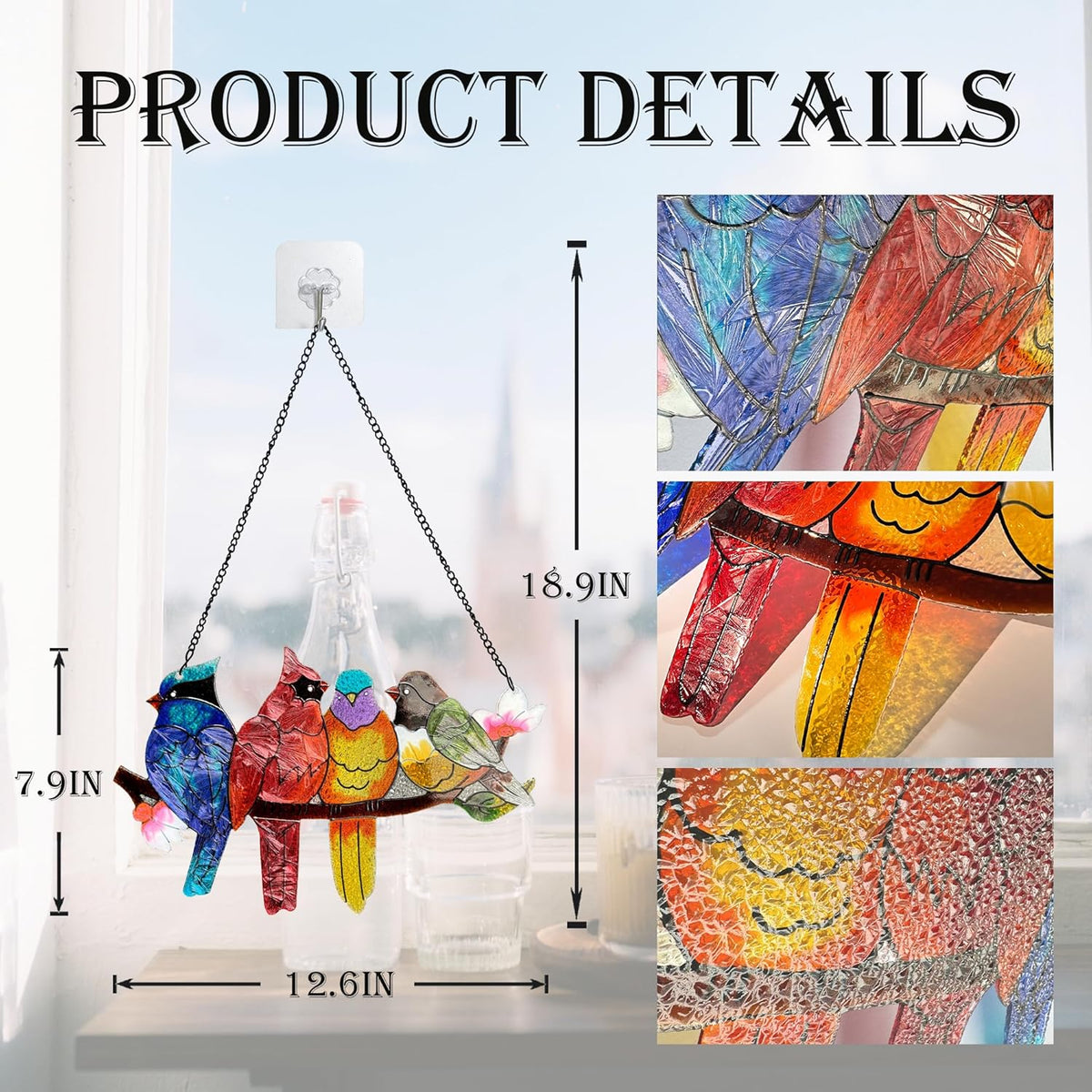 Stained Glass Window Hanging - Large Suncatcher Stained Glass Birds on Branch, Sun Catchers for Indoor Window Doors Room Home Decoration Hummingbird Gifts for Bird Lovers