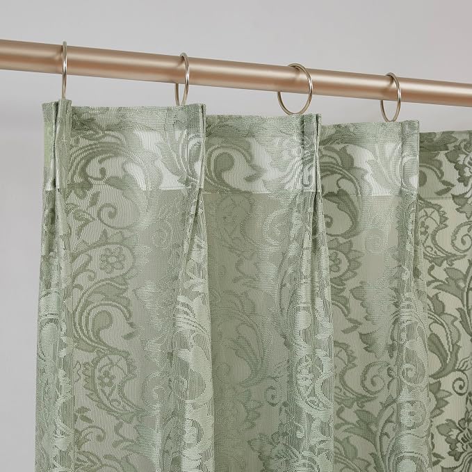 Bujasso Sage Green Lace Pinch Pleat Curtains 63 inch, Vintage Floral Sheer by Bujasso