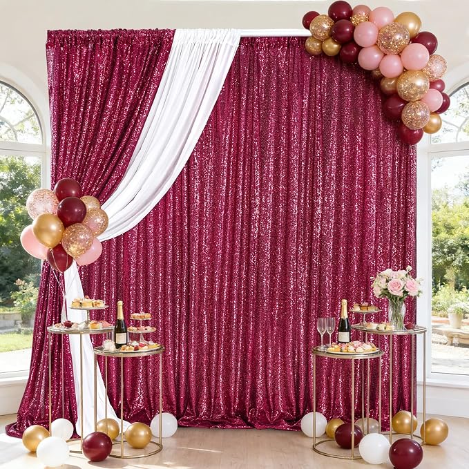 Burgundy Sequin Backdrop Curtains 4 Pcs 2ftx8ft Glitter Shimmer Fabric | - Image 6