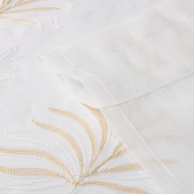 White Sheer Curtains Beige Embroidered Leaf 2 Panels 63 Inches | Light - Image 6