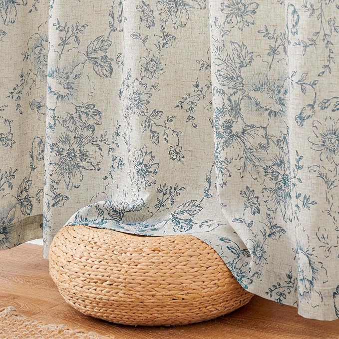 jinchan Blue Floral Linen Curtains Lined 90 Inch Vintage Back Tab 2 Panels | - Image 8