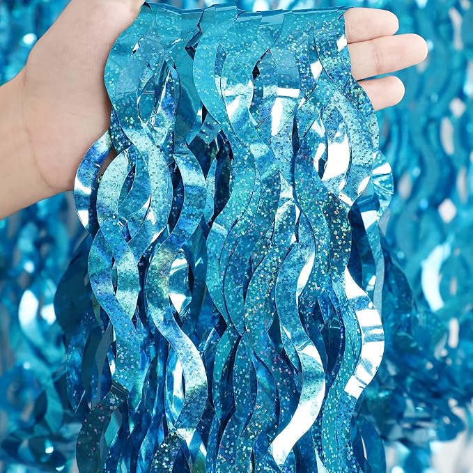 CYLMFC 3 Pack 3.3 ft x 6.6 ft Teal Foil Fringe Curtains - Image 2