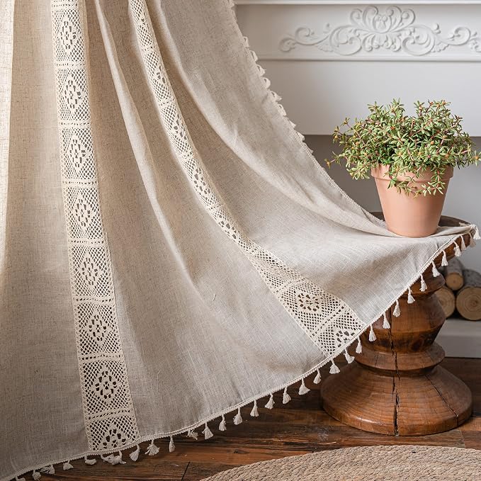 Sutuo Home Boho Linen Curtains for Kitchen Bedroom, Bohemian Semi Sheer Crochet by SutuoHome