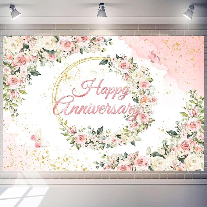 9x6 ft Floral Anniversary Backdrop Banner - Image 2