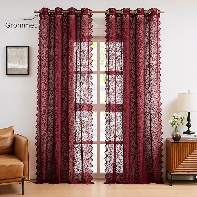 Bujasso Burgundy Red Lace Sheer Curtains - Image 7