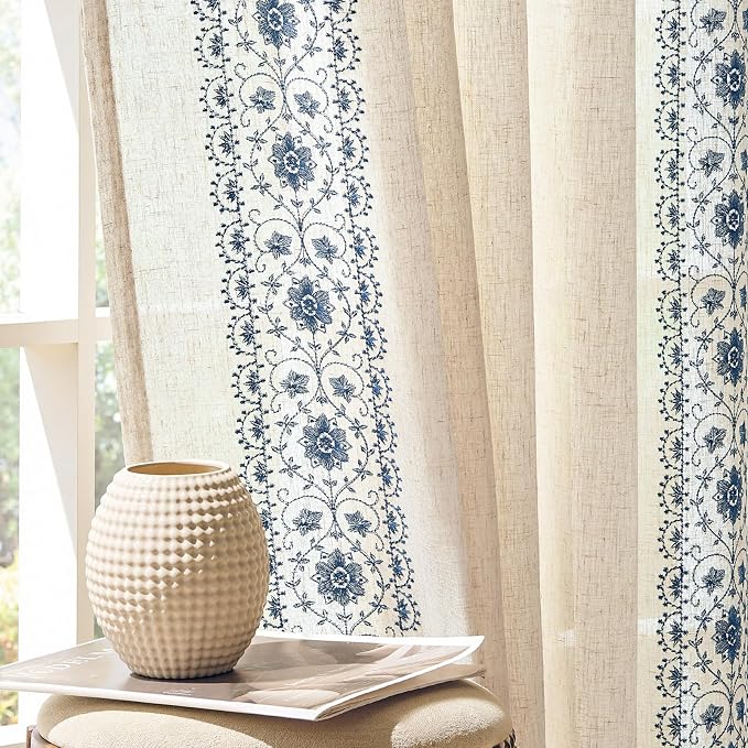 jinchan Floral Linen Curtains Embroidered Back Tab 50x96in 2 Panels Blue | by JINCHAN