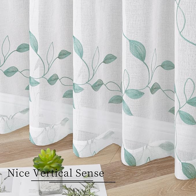 Tollpiz Teal Blue Leaf Sheer Curtain Bedroom 54 x 95 Inches | Leaves - Image 4