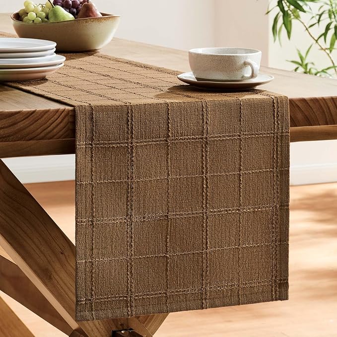 Linen Checked Farmhouse Table Runner, 13x90 Inches Roasted Brown | Raised Grid - Image 4