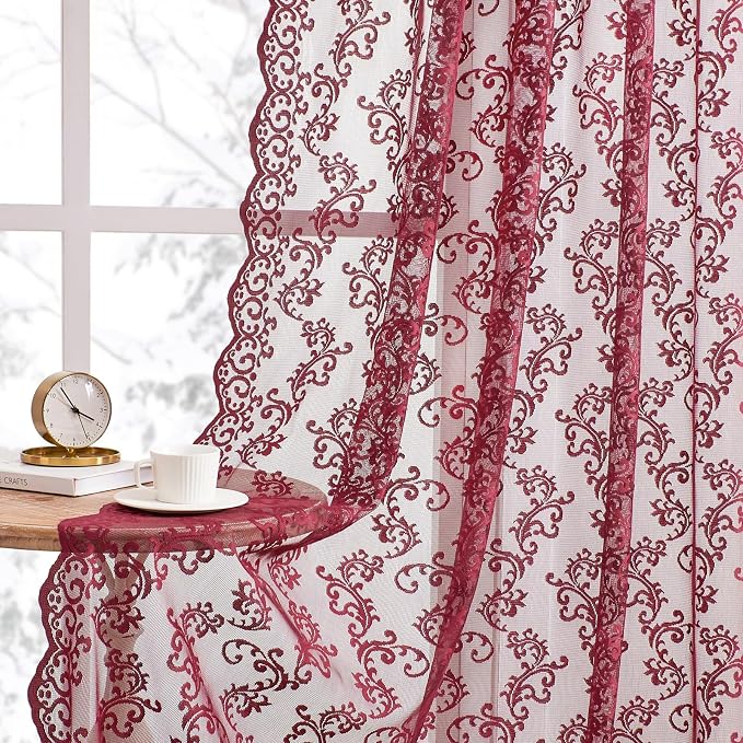 Burgundy Lace Curtains 72 Inch Length 2 Panels by FOLKSIDEHomeDecoration