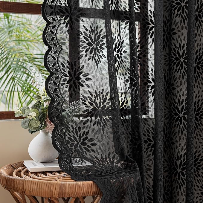 MIULEE Black Floral Lace Curtains 2 Panels, Gothic Vintage Rod Pocket Window by MIULEE