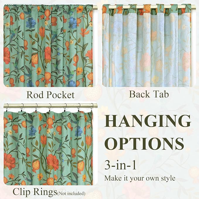 Green Floral Linen Curtains, Boho Whimsical Bird Print Curtains - Image 8