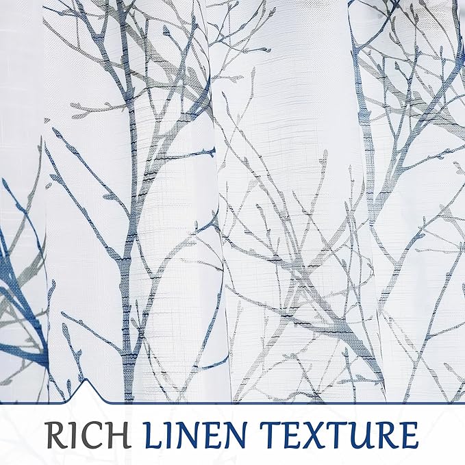 FMFUNCTEX Linen Blue White Semi Sheer Print Curtains 54 Inch Long 2 Panels | - Image 4
