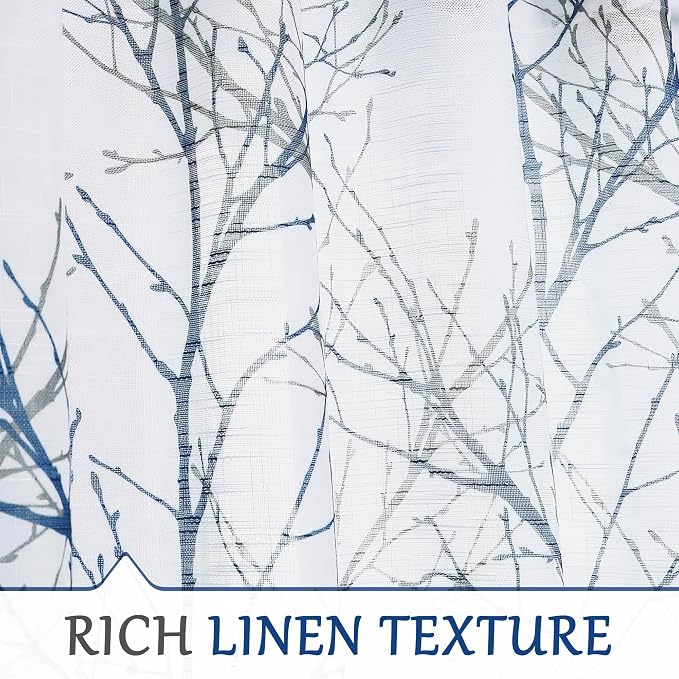 FMFUNCTEX Linen Blue White Semi Sheer Print Curtains 96 Inch Long 2 Panels | - Image 4