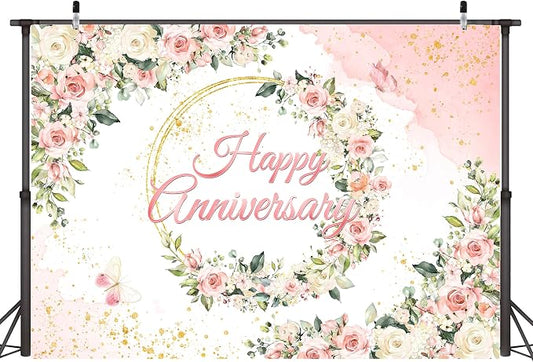 10x6 ft Floral Anniversary Backdrop Banner by Unknown