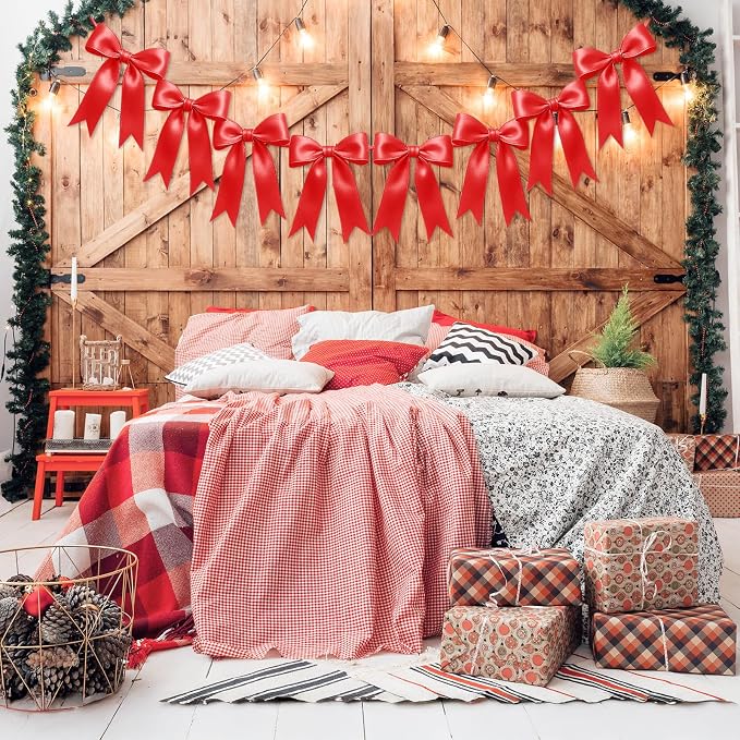 2 Strings of 16PCS Red Bow Garlands Banner Decoration, Pre-Strung Satin Ribbon - Image 4