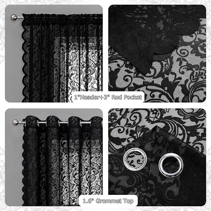 Bujasso Black Sheer Lace Curtains 54 inch Vintage Floral Short Curtain Panels - Image 7