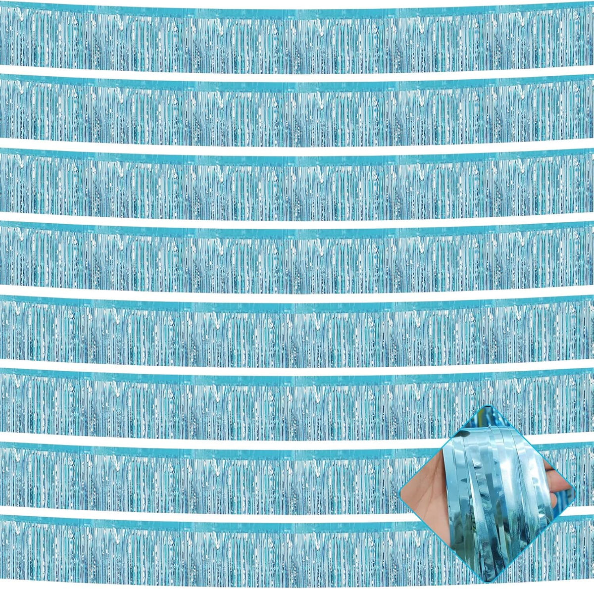 10 Pack 10 Feet Foil Fringe Garland Metallic Tinsel Streamers Banner Wall Hanging Curtain Backdrop for Parade Floats, Bachelorette, Wedding, Birthday, Halloween, Christma Party Decoration(Light Blue)
